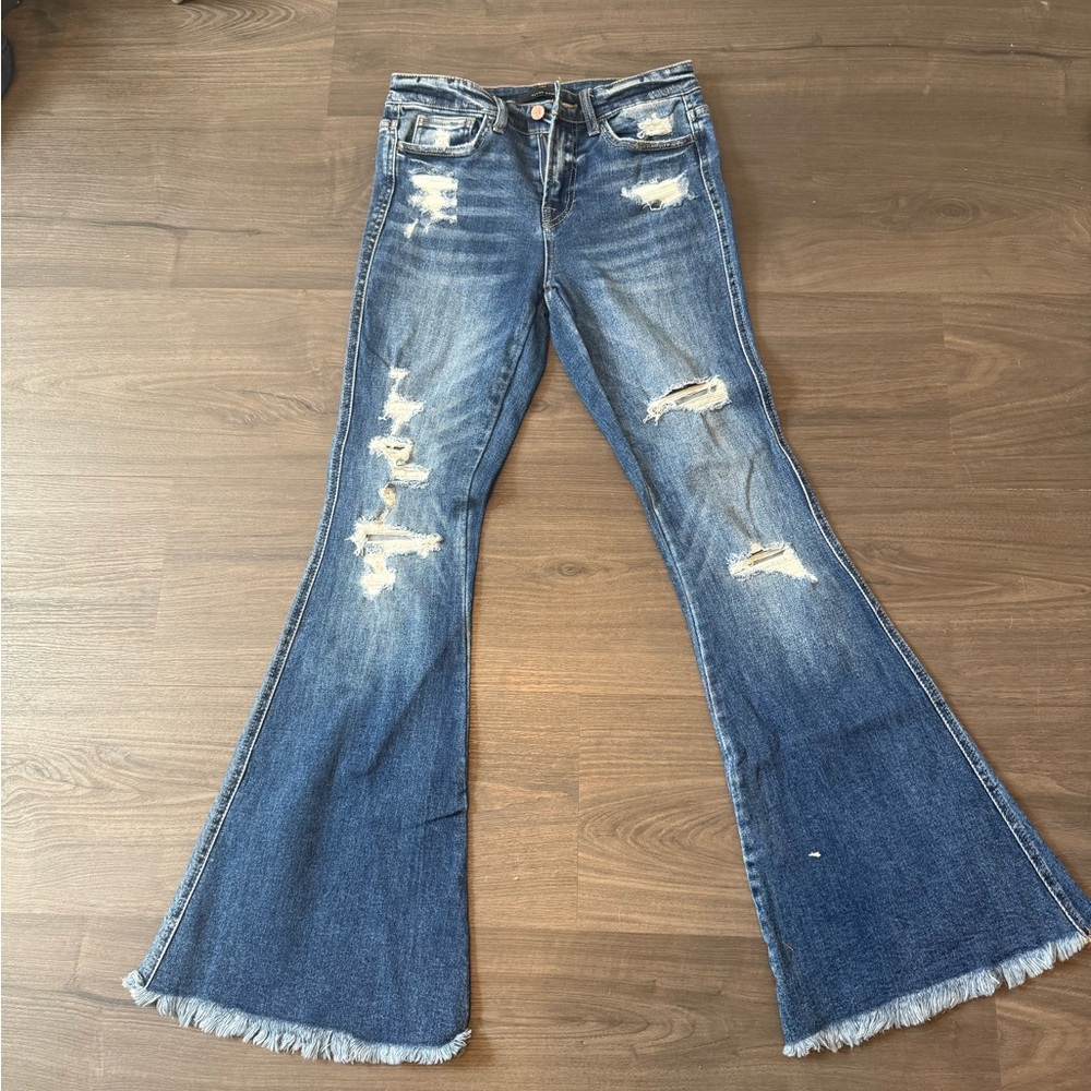 Flying Monkey Distressed Wide Leg Jeans - Blue